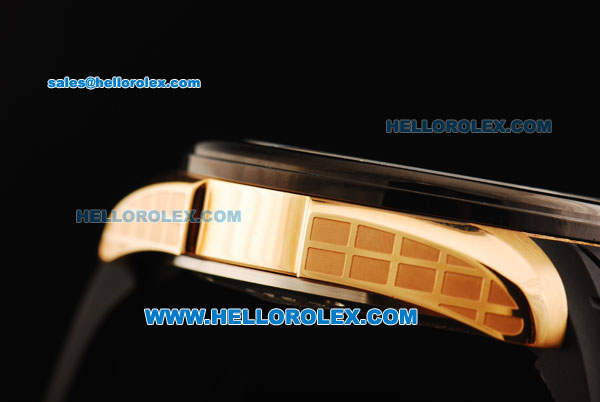 Porsche Design Regulator Chronograph Miyota Quartz Movement Gold Case with Black Bezel and Black Rubber Strap - Click Image to Close